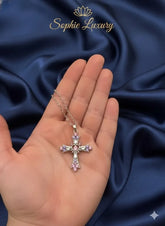 Sophie Luxury Silver Tone Pink & Purple Crystal Cross Necklace - New