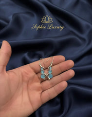 Silver Tone Wire Wrap Aqua Blue Cabochon Bead Artisan Hook Earrings