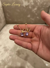 Modern Geometric Gold Bar Drop Earrings with Amethyst Crystals